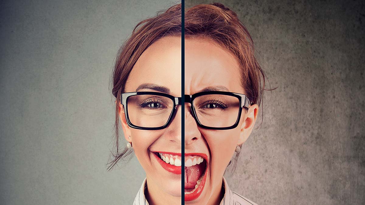 Young woman with double face expression