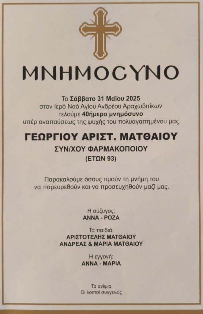 ΠΑΤΡΑ: Αύριο το μνημόσυνο του φαρμακοποιού Γιώργου Ματθαίου