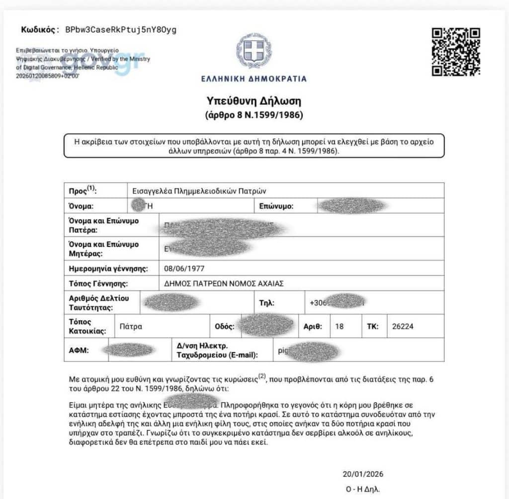 Πάτρα: Σφράγισαν κατάστημα στην Ηφαίστου για αλκοόλ σε ανήλικη! Ομως η μητέρα της ξεσπά και κατηγορεί τις Αρχές - ΕΓΓΡΑΦΟ