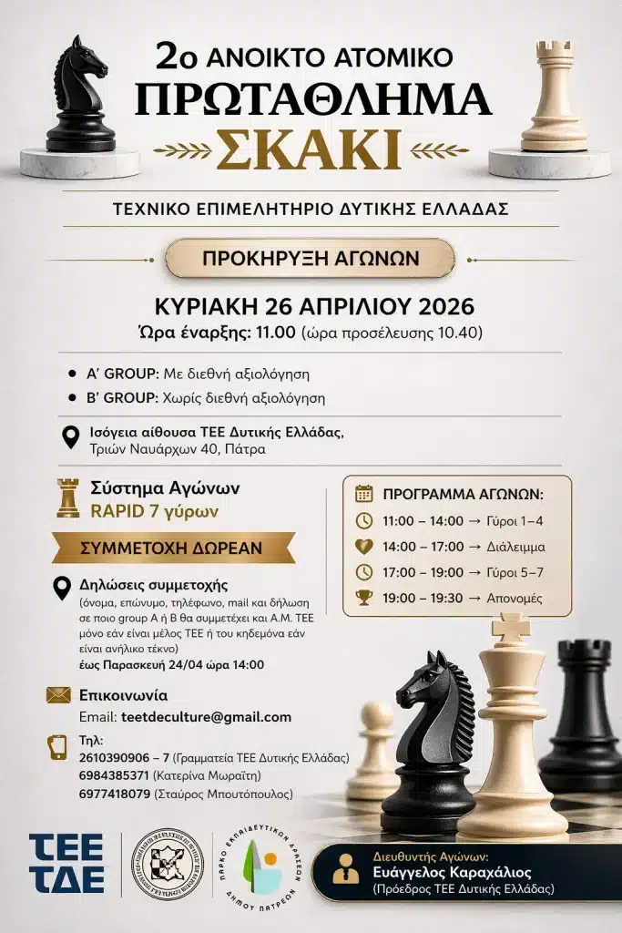 Πάτρα: 2ο Ανοικτό Ατομικό Πρωτάθλημα Σκάκι